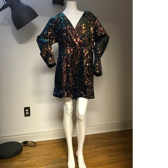 Forever 21 F21+ Rainbow Sequin Romper Disco Long Sleeve PLUS SIZE 3X XXXL NWT - Picture 3 of 4